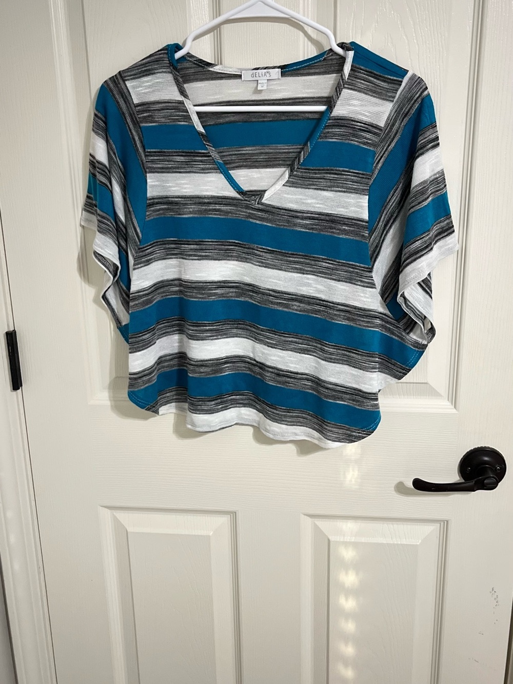 dELiA*s Teal White Black Striped V-Neck Cropped Top